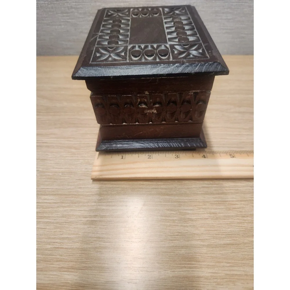 Vintage Hand Carved Wood Double Secret Compartment Hinged Trinket Or Jewelry Box